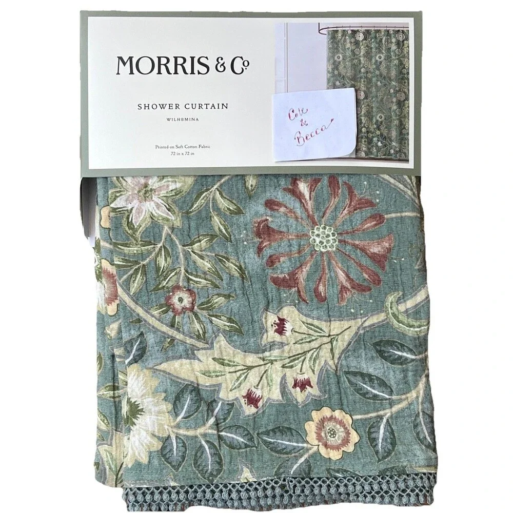 William Morris & Co Wilhemina Shower Curtain Green Floral Boho Textured Fabric